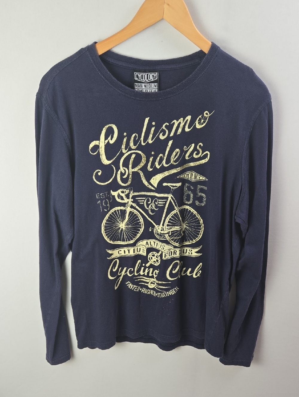 Cycology 'Ciclismo Riders' long sleeve Navy Cotton Mens T-Shirt Sz M Graphic Tee